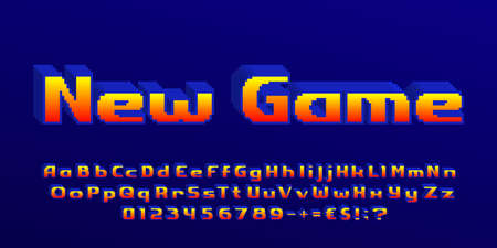 New Game alphabet font. 3D pixel letters, numbers and punctuations. 80s arcade video game typescript.のイラスト素材