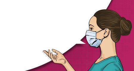 Side profile of a female face in a medical mask. Woman with speech bubble in pop art style. Retro halftone background with copy space. Healthcare vector illustration.のイラスト素材