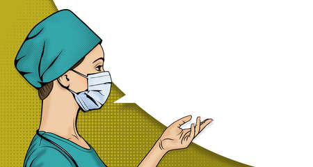Side profile of a female doctor in a medical mask. Woman in scrub in pop art style. Retro halftone background with speech bubble. Healthcare vector illustration.のイラスト素材