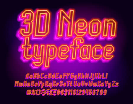 3D Neon alphabet font. Neon light letters, numbers and punctuation. Uppercase and lowercase. Stock vector typescript for your design.のイラスト素材