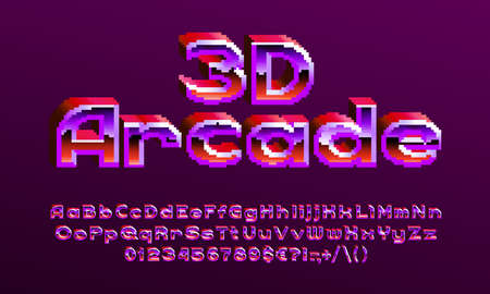 3D Arcade alphabet font. Pixel letters, numbers and punctuations. 80s arcade video game typescript.のイラスト素材