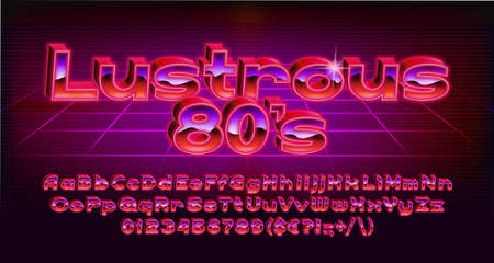 Lustrous 80s alphabet font. 3D red light letters, numbers and punctuations in 80s style. Uppercase and lowercase. Stock vector typeface for your typography design.のイラスト素材