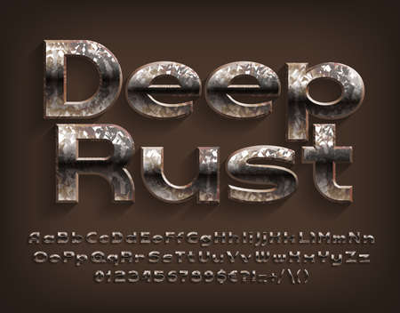 Deep Rust alphabet font. Messy beveled letters, numbers and punctuations. Uppercase and lowercase. Stock vector typescript for your design.のイラスト素材