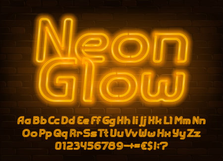 Neon Glow alphabet font. Yellow neon light letters, numbers and punctuation. Uppercase and lowercase. Stock vector typescript for your design.のイラスト素材