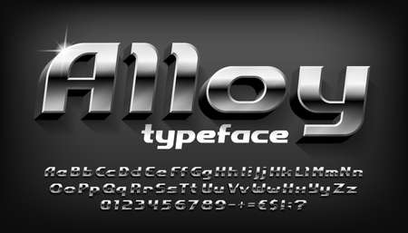 Alloy alphabet font. 3D metal letters, numbers and punctuation with shadow. Stock vector typeface for your typography design.のイラスト素材