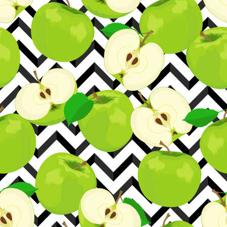 Seamless background with apples with leaves on a black and white geometric background. Hand drawn endless pattern. Stock vector illustration.のイラスト素材