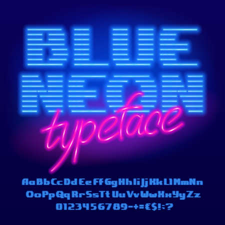 Blue neon alphabet font. Neon light bold letters, numbers and punctuation. Uppercase and lowercase. Stock vector typescript for your design.のイラスト素材