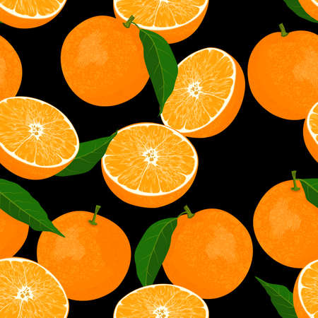 Seamless background with oranges and leaves on a black. Hand drawn endless pattern. Stock vector illustration.のイラスト素材