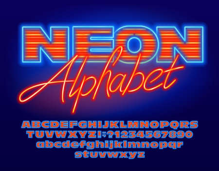 Neon alphabet font. Blue and orange neon light bold letters, numbers and punctuation. Uppercase and lowercase. Stock vector typescript for your design.のイラスト素材