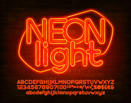 Neon light alphabet font. Orange neon letters, numbers and punctuation. Uppercase and lowercase. Stock vector typescript for your design.のイラスト素材