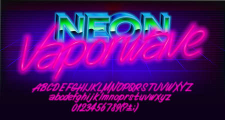 Neon Vaporwave alphabet font. Glowing neon letters, numbers and punctuations. Uppercase and lowercase. Vector typescript for your typography design.のイラスト素材