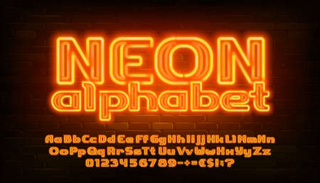 Neon alphabet font. Yellow neon light bold letters, numbers and punctuation. Uppercase and lowercase. Stock vector typescript for your design.のイラスト素材