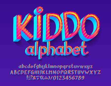 Kiddo alphabet font. 3D bright uppercase and lowercase letters, numbers and symbols. Stock vector typeface for your design.のイラスト素材