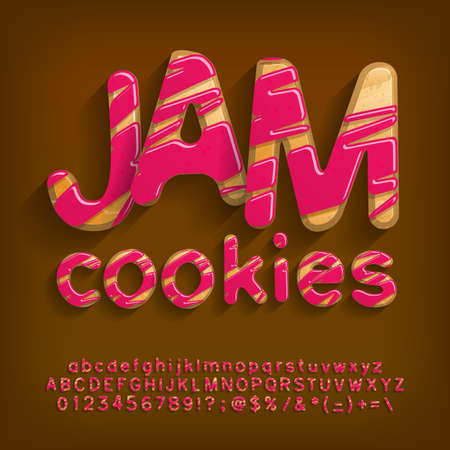 Jam Cookies alphabet font. Cartoon letters, numbers and symbols. Uppercase and lowercase. Stock vector typeface for your design.のイラスト素材