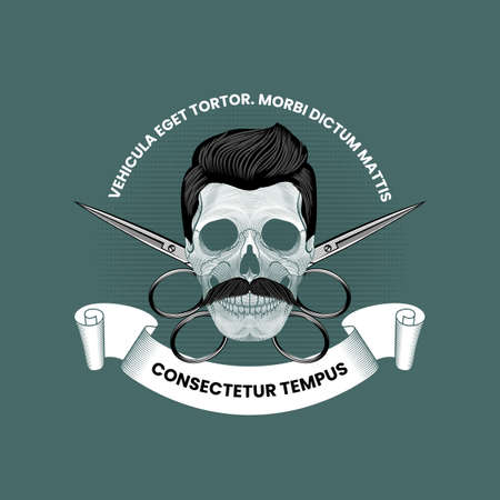 Skull with mustaches and crossed scissors. Barbershop emblem template in vintage style. Stock vector illustration.のイラスト素材