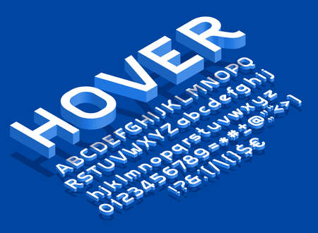 Hover alphabet font. Isometric letters, numbers and punctuation with shadow. Uppercase and lowercase. Stock vector typescript for your typography design.のイラスト素材