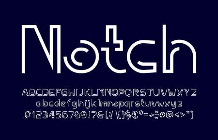 Notch alphabet font. Minimalistic letters, numbers, and symbols. Uppercase and lowercase. Stock vector typescript for your typography design.のイラスト素材