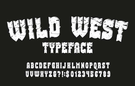 Wild West alphabet font. Vintage messy letters, numbers and symbols for label, badge or emblem design. Stock vector typescript for your typography design.のイラスト素材
