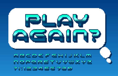 Play Again alphabet font. Pixel letters and numbers in 80s video game style. Stock vector typeface.のイラスト素材