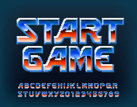 Start Game alphabet font. Pixel digital letters and numbers in early video game style. Stock vector typeface.のイラスト素材