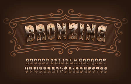 Bronzing alphabet font. Rusty letters and numbers with screws. Stock vector typescript for your design.のイラスト素材