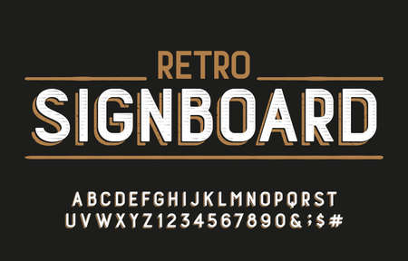 Retro Signboard alphabet font. Messy letters, numbers and symbols for label, badge or emblem design. Stock vector typescript for your typography design.のイラスト素材