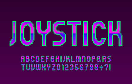 Joystick alphabet font. Pixel letters and numbers in 80s video game style. Stock vector typeface.のイラスト素材