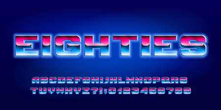 Eighties alphabet font. Glowing letters and numbers in 80s style. Stock vector typeface for your typography design.のイラスト素材