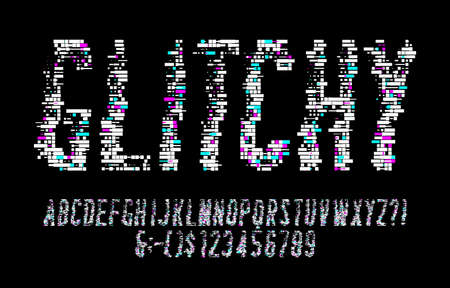 Glitchy alphabet font. Digital letters and numbers. Stock vector illustration.のイラスト素材
