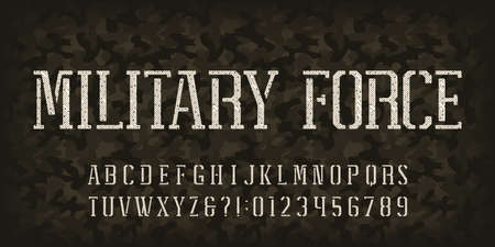 Military Force alphabet font. Stencil letters and numbers on a dark camo background. Vector typeface for your design.のイラスト素材