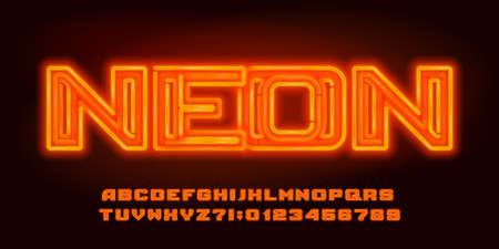 Neon alphabet font. Bold uppercase letters, numbers and symbols. Stock vector typescript for your design.のイラスト素材