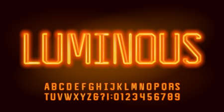 Luminous alphabet font. Neon color letters and numbers. Stock vector typescript for your design.のイラスト素材