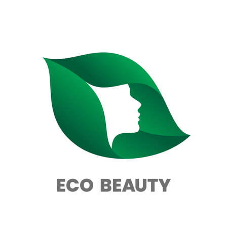 Eco Beauty. Hair salon or beauty salon   design template. Woman silhouette on green leaf. Stock vector emblem.のイラスト素材