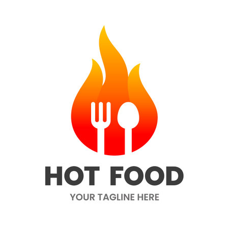 Hot Food icon design template. Hot flame with a fork and a spoon. Stock vector illustration.のイラスト素材