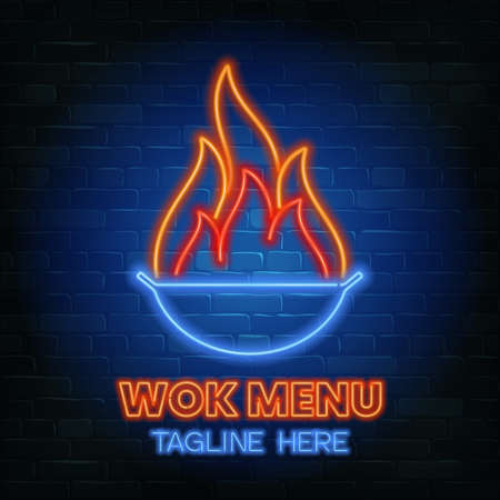 Wok Menu neon sign on a brick wall background. Stock vector illustration.のイラスト素材