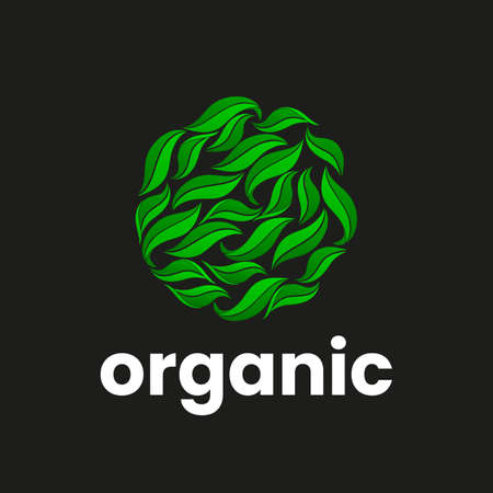 Organic logo template. Abstract green leaves on black. Stock vector emblem for eco product labels.のイラスト素材