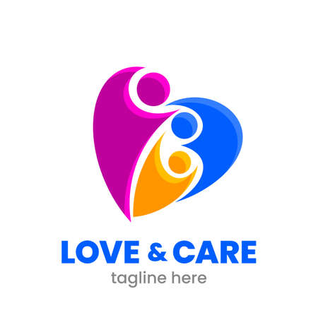 Love and Care logo template. Abstract family in heart shape. Colorful emblem. Stock vector illustration.のイラスト素材