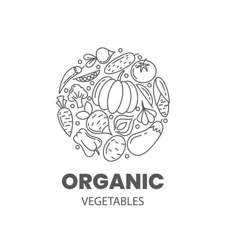 Organic Vegetables logo template. Outline emblem in one color. Stock vector illustration.のイラスト素材