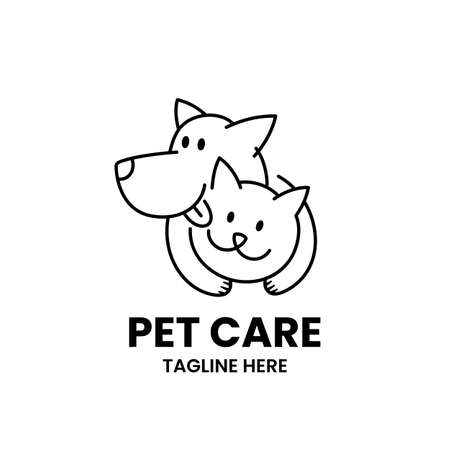 Pet Care logo design template. Abstract hugging dog and cat in outline style. Stock vector illustration.のイラスト素材