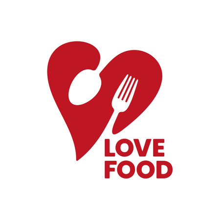 Love Food icon template. Abstract fork and spoon in a heart shape. One color stock vector emblem.のイラスト素材