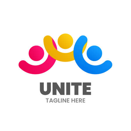 Unite icon template. Abstract group of people are holding their hands. Colorful emblem. Stock vector illustration.のイラスト素材