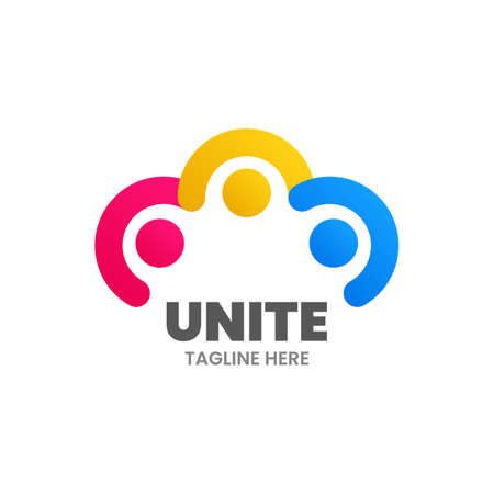Unite icon template. Abstract group of three people are holding their hands. Colorful emblem. Stock vector illustration.のイラスト素材