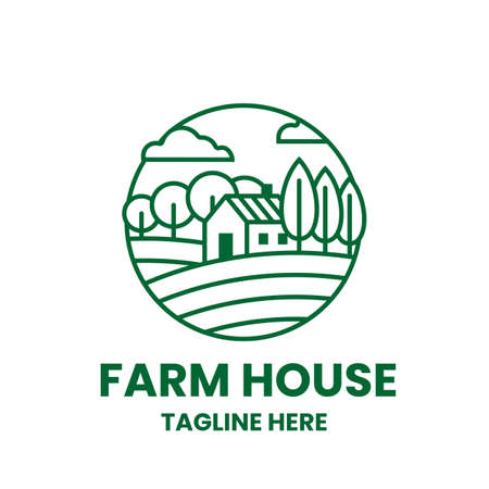 Farmhouse icon template. Field, trees and house in outline style. Stock vector illustration.のイラスト素材