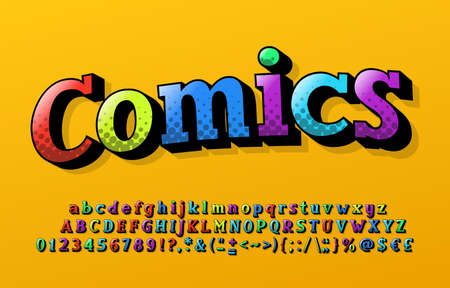 Comics alphabet font. Letters, numbers and punctuations in retro comic style. Stock vector illustration typography design.のイラスト素材