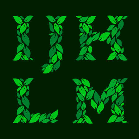 Letters I, J, K, L, M made of green leaves. Stock vector illustration for your design.のイラスト素材