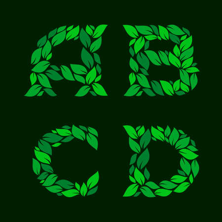 Letters A, B, C, D made of green leaves. Stock vector illustration for your design.のイラスト素材
