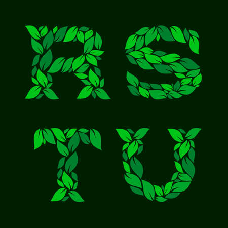 Letters R, S, T, U made of green leaves. Stock vector illustration for your design.のイラスト素材