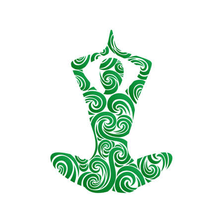 Abstract human yoga shape in lotus pose with swirl ornament. Stock vector illustration.のイラスト素材