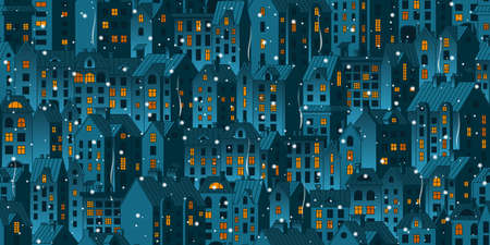 Vector seamless pattern with night town and falling snow. Hand-drawn winter houses with chimney smoke. Stock vector background.のイラスト素材