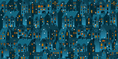 Vector seamless pattern with night town and falling snow. Hand-drawn winter houses in European style. Stock vector background.のイラスト素材